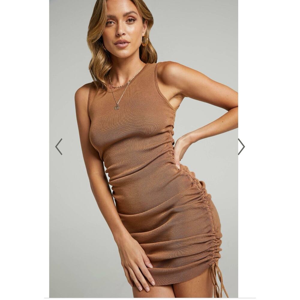 NWT LIONESS Military Minds Dress Med Tan Brown Side Ruching Midi Stretch Boho